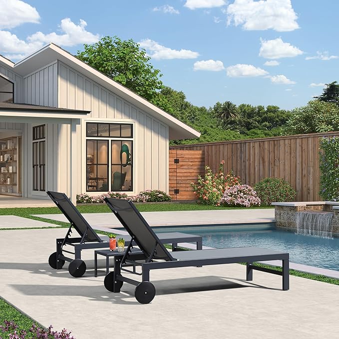 PURPLE LEAF Chaise Lounge Chair with Wheels for Outside 4 Pieces Aluminum Outdoor Lounge Chairs with 5 Adjustable Position Recliner for Patio Beach Yard Pool Side Table Included Grey
