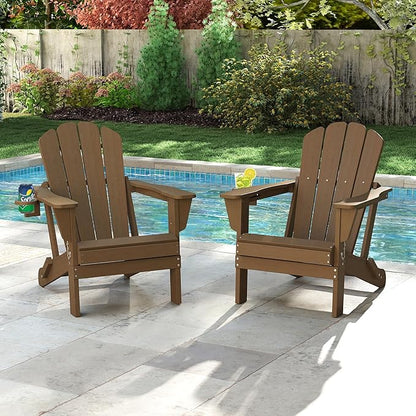 Domi Folding Adirondack Chair Set of 2, HDPE All-Weather Adirondack Chairs with Cup Holder, Outdoor Plastic Fire Pit Chairs Wood Texture for Poolside, Patio, Backyard, Deck (Khaki)