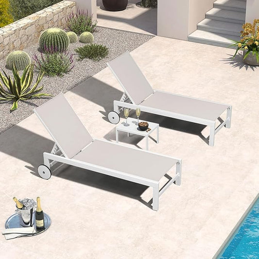 PURPLE LEAF Outdoor Chaise Lounge Chairs Set of 2 White Aluminum Lounge Chair Five-Position Adjustable Chaise with Wheels and Table for Pool Deck Patio, Linen