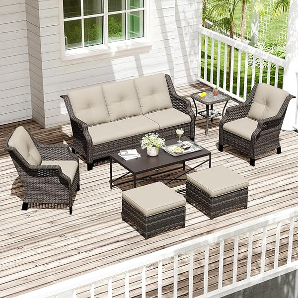 Wicker Patio Furniture Sets, 7 Pieces Outdoor Furniture with Patio Chairs, Outdoor 3-Seater Sofa, Ottoman, Coffee Table - Photo 1