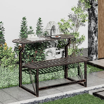 Convertible Bench, 2 in 1 Carbon Steel Picnic Table, Transforming Interchangeable Outdoor Table with Umbrella Hole, for Outside Patio Porch Backyard Park Garden 1 Pack Retro Brown Bench