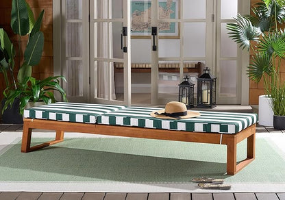 SAFAVIEH Outdoor Patio Furniture Collection - Sophie Natural Brown Solid Wood Chaise Lounge Chair, Adjustable Reclining, Hunter Green Stripe Cushion (PAT7101H)