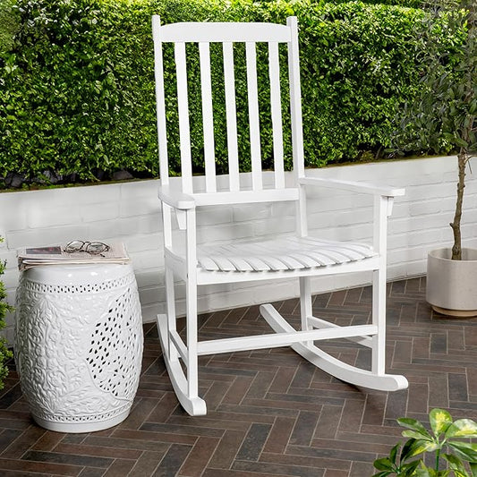 JONATHAN Y RCK300C Seagrove Farmhouse Classic Slat-Back 350-LBS Support Acacia Wood Outdoor Rocking Chair Traditional, Coastal, Cottage, Vintage, Shabby Chic, White