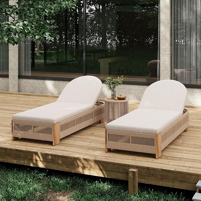Outdoor Chaise Lounge Set, Patio Chaise Lounge Chairs with Side Table, Teak Chaise Lounge Outdoor with Adjustable Backrest, Teak Faux Wood Side Table and Beige Cushions for Outdoor Use (Beige-3pcs)