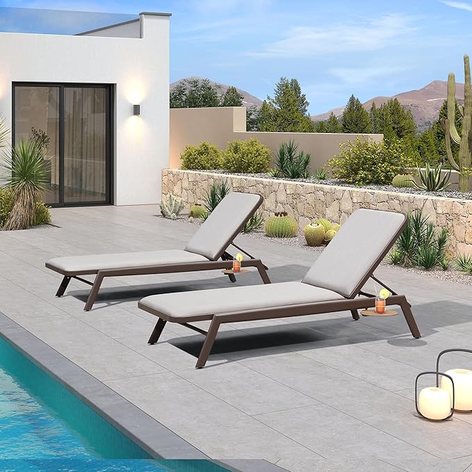 PURPLE LEAF Outdoor Chaise Lounge Set of 2 with Cushion Aluminum Pool Side Sun Lounges with Side Table Adjustable Reclining Patio Coffee