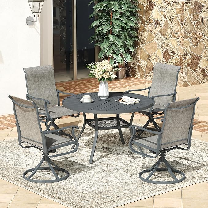 VICLLAX 40.6" Round Patio Dining Table for 4, All Weather Metal Outdoor Table with 1.57" Umbrella Hole and Storage Shelf for Garden Lawn Deck, Dark Grey