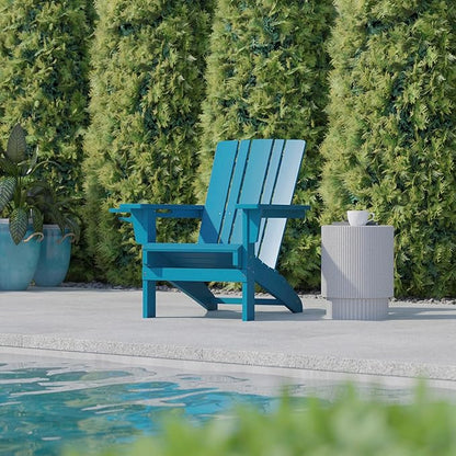 Flash Furniture Halifax Adirondack Chair with Cup Holder, Weather Resistant Poly Resin Adirondack Chair, Blue