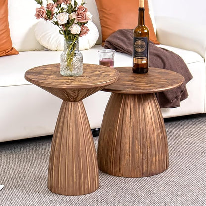 Metal Small Patio Table Set of 2, Round Outdoor Side Table, Wood Color Outdoor Accent Patio End Table, for Garden, Pool, Deck, Balcony, Yard, Living Room, Weather Resistant, No Assembly