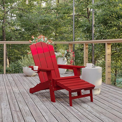 Flash Furniture Newport Poly Resin Adirondack Chair with Cup Holder and Pull Out Ottoman, All-Weather Poly Resin Indoor/Outdoor Lounge Chair, Red
