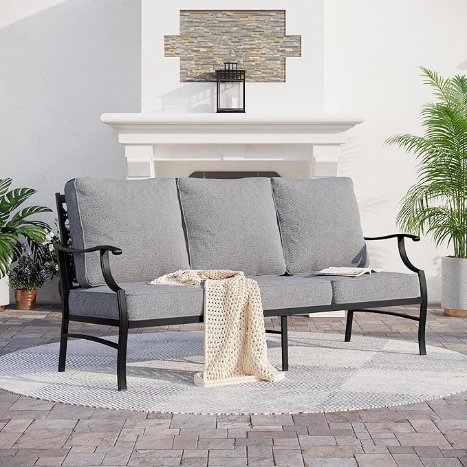 Metal Patio Sofa with 5.75" Extra Thick Waterproof Cushion, 3-Seater High-Back Outdoor Couch All Weather Outdoor Seating for Backyard Deck Front Porch, Gray