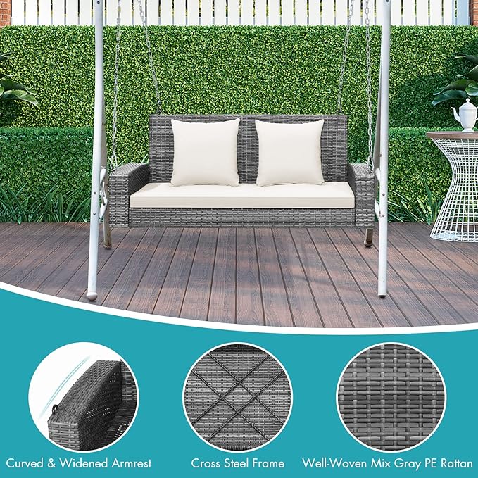 RELAX4LIFE 2-Person Porch Swing Bench - PE Rattan Outdoor Swing Chair with Comfortable Seat & Back Cushions - Photo 4