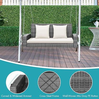 RELAX4LIFE 2-Person Porch Swing Bench - PE Rattan Outdoor Swing Chair with Comfortable Seat & Back Cushions, Rustproof Metal Chains, Patio Loveseat Swing for Balcony, Garden, Yard, 800 LBS (Off White)