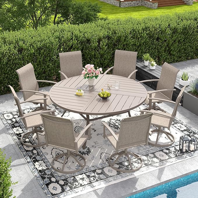 DIFY 59.8" Round Outdoor Patio Dining Table for 8-10, All-Weather Metal Steel Slatted Patio Table with 1.57" Adjustable Umbrella Hole for Garden, Backyard, Deck, Sandshell
