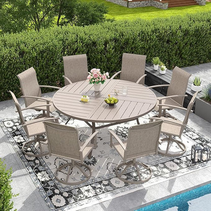 DIFY 59.8" Round Outdoor Patio Dining Table for 8-10, All-Weather Metal Steel Slatted Patio Table with 1.57" Adjustable Umbrella Hole for Garden, Backyard, Deck, Sandshell