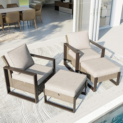 4 Piece Patio Furniture Set, Outdoor Wicker Chair and Ottoman, Metal Patio Furniture with Deep Seating, Thicken Cushions for Deck, Porch, Yard Use (Beige, 4 PCS/Chairs)
