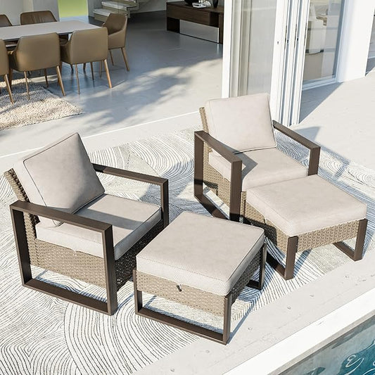 4 Piece Patio Furniture Set, Outdoor Wicker Chair and Ottoman, Metal Patio Furniture with Deep Seating, Thicken Cushions for Deck, Porch, Yard Use (Beige, 4 PCS/Chairs)