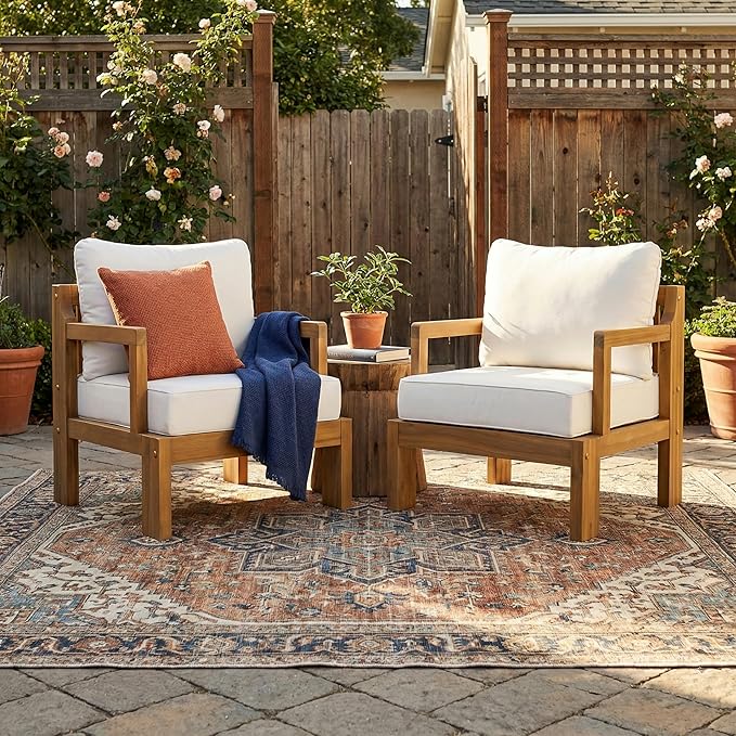 Acacia Wood Patio Chairs Set of 2, Outdoor Accent Chairs with Armrest - Photo 1