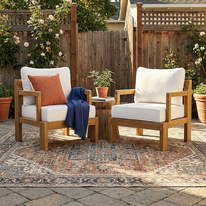 Acacia Wood Patio Chairs Set of 2, Outdoor Accent Chairs with Armrest, Outside Chair with Deep Seat & Back Cushions for Garden, Porch, Backyard(2 PCS)