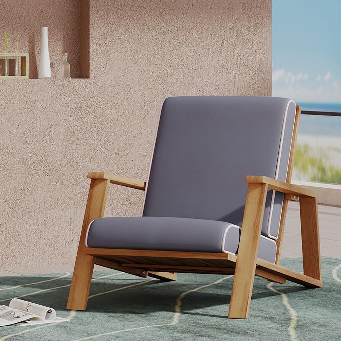 Merax Acacia Wood Outdoor Chaise Lounge Chair, Patio Reading Lazy Recliner Sofa Couches Seating with Weather-Resistant Upholstered Cushions for Balcony Outside Pool, Dark Grey