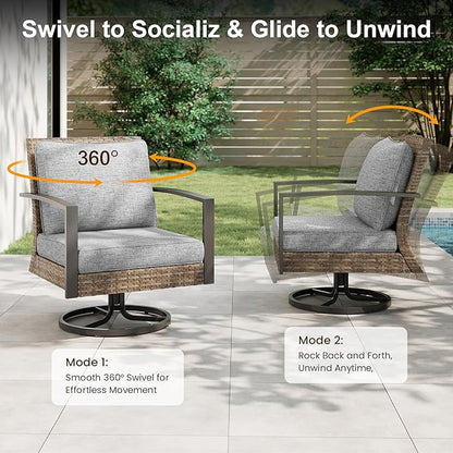 Green4ever 3-Pieces Patio Swivel Rocking Chairs Rocking with Sidetable, Metal Outdoor Rocking Chair, All Weather Rattan Patio Chairs for Porch, Bistro, Balcony, Grey