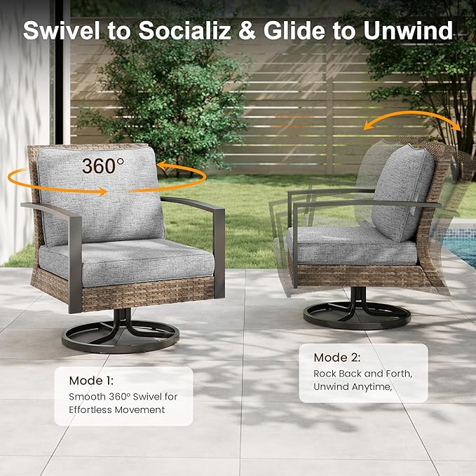 Green4ever Patio Swivel Dining Chairs Set of 2 with 360-Degree Rotating, Metal Outdoor Rocking Chair, All Weather Rattan Patio Chairs for Porch, Bistro, Balcony, Gray
