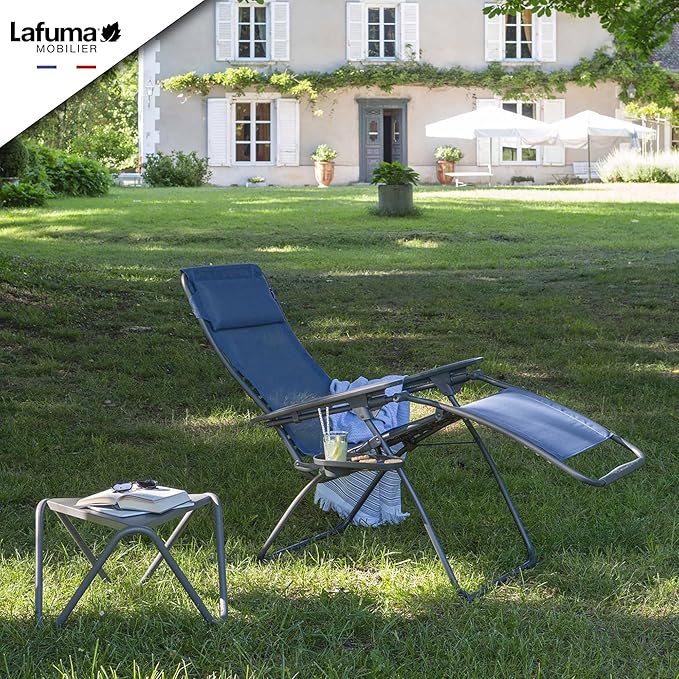 Lafuma Futura XL Zero Gravity Portable Ergonomic Outdoor Steel Framed Lawn Patio Recliner Folding Lounge Chair with Headrest Cushion, Ocean Blue