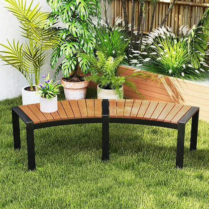 Moccha Outdoor Curved Bench, Acacia Wood Fire Pit Bench w/Slatted Seat, Metal Frame, Loveseat, Outside Chair, Patio Backless 2-Person Seating for Yard Deck Porch 800 LBS Max Load, Oil Painted (1)