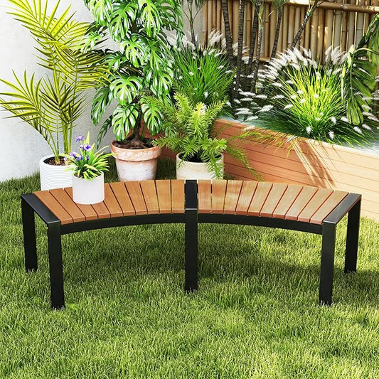 Moccha Outdoor Curved Bench, Acacia Wood Fire Pit Bench w/Slatted Seat, Metal Frame, Loveseat, Outside Chair, Patio Backless 2-Person Seating for Yard Deck Porch 800 LBS Max Load, Oil Painted (1)