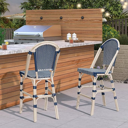 PURPLE LEAF French Counter Height Bar Stool Set of 4 25" White Print Finish Patio Bar Chairs with Back Rattan Bar Chairs French Bistro Set for Kitchen Outdoor Counter Stool Royal Blue