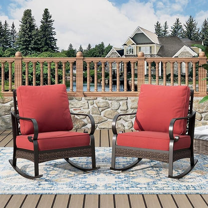 Outdoor Patio Rocking Sofa Chairs Set of 2 Steel Frame Porch Furniture with Deep Seating and 5.75" Cushions for Lawn Backyard Deck, Red
