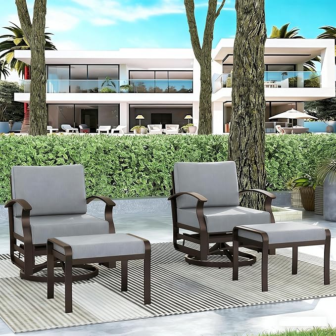 Gotland 4 Piece Patio Set, Metal Outdoor Swivel Chairs Set of 2 with 2 Ottoman 5.1’’ High-Resilience Seat Cushions Removable Cushions, Aluminum Patio Furniture Set for Lawn, Porch, Balcony, Grey
