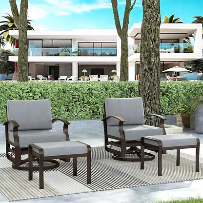 Gotland 4 Piece Patio Set, Metal Outdoor Swivel Chairs Set of 2 with 2 Ottoman 5.1’’ High-Resilience Seat Cushions Removable Cushions, Aluminum Patio Furniture Set for Lawn, Porch, Balcony, Grey