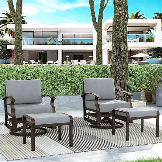 Gotland 4 Piece Patio Set, Metal Outdoor Swivel Chairs Set of 2 with 2 Ottoman 5.1’’ High-Resilience Seat Cushions Removable Cushions, Aluminum Patio Furniture Set for Lawn, Porch, Balcony, Grey