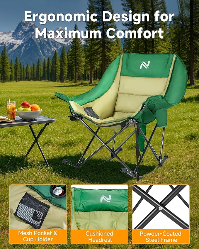 Slsy Oversized Heated Rocking Camping Chair for Adults, 400 lbs Heavy Duty Padded Recliner with Side Pocket, Cup Holder & Carry Bag, Foldable Outdoor Lawn Chair for Patio, Backyard, or Camp