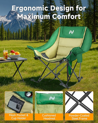 Slsy Oversized Heated Rocking Camping Chair for Adults, 400 lbs Heavy Duty Padded Recliner with Side Pocket, Cup Holder & Carry Bag, Foldable Outdoor Lawn Chair for Patio, Backyard, or Camp