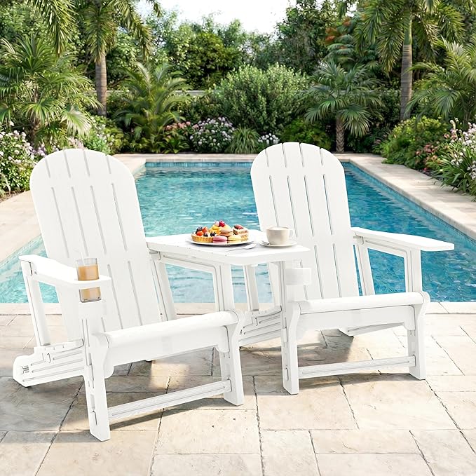 Shintenchi Adirondack Chairs Set of 2,HDPE Adirondack Chairs w/Removable Tablelop & Umbrella Hole,All-Weather Wooden Textured Plastic Outdoor Chairs w/Cup Holders for Garden Backyard Pool,White