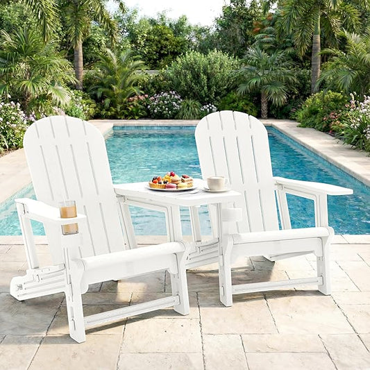 Shintenchi Adirondack Chairs Set of 2,HDPE Adirondack Chairs w/Removable Tablelop & Umbrella Hole,All-Weather Wooden Textured Plastic Outdoor Chairs w/Cup Holders for Garden Backyard Pool,White