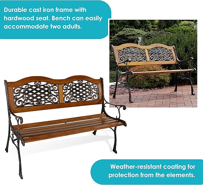 Sunnydaze 49-Inch Cast Iron and Wood 2-Person Garden Bench with Ivy Crossweave Design - 485-Pound Weight Capacity