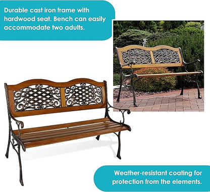 Sunnydaze 49-Inch Cast Iron and Wood 2-Person Garden Bench with Ivy Crossweave Design - 485-Pound Weight Capacity