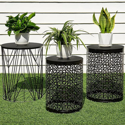 Y&M Set of 3 Meatal Round Side Tables, Multifunctional Coffee Table End Table for Indoor, Outdoor Garden Stool-Black with Bronze