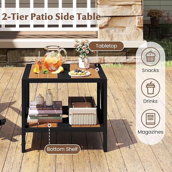 HAPPYGRILL Outdoor Side Table with Umbrella Hole 1.57”, 2-Tier Coffee Bistro End Table Umbrella Stand with Storage Shelf, for Backyard Poolside Garden (1)