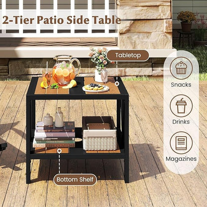 HAPPYGRILL Outdoor Side Table with Umbrella Hole 1.57”, 2-Tier Coffee Bistro End Table Umbrella Stand with Storage Shelf, for Backyard Poolside Garden (1)