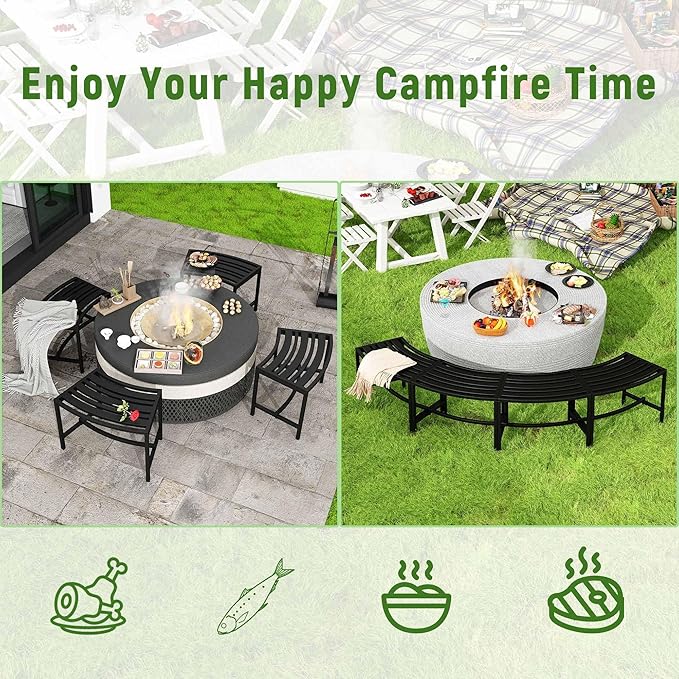 Metal Outdoor Curved Fire Pit Bench Set of 4, Fire Pit Seating Waterproof, Steel Backless Outside Tree Bench for Garden,Patio,Porch,Backyard,Heavy Duty Plant Holder, Style 3, Black