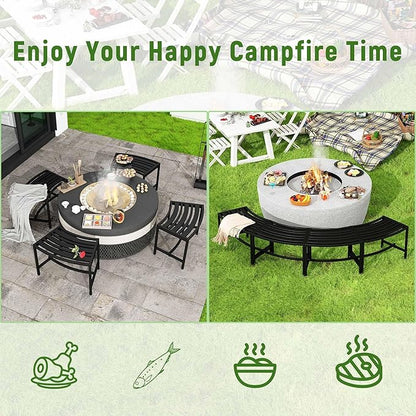 Metal Outdoor Curved Fire Pit Bench Set of 4, Fire Pit Seating Waterproof, Steel Backless Outside Tree Bench for Garden,Patio,Porch,Backyard,Heavy Duty Plant Holder, Style 3, Black