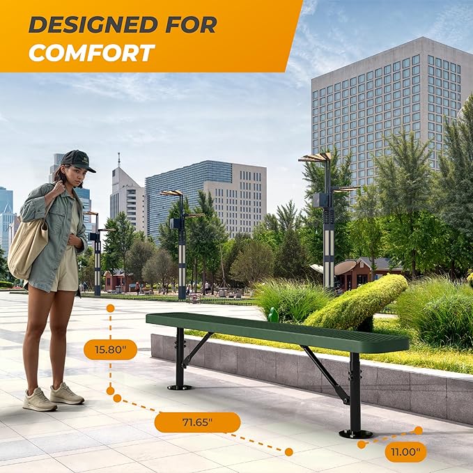 Heavy-Duty Outdoor Metal Bench, Thermoplastic-Coated, Surface, Weatherproof, Commercial-Grade for Parks, Gardens, Patios, Stores & More (6 Ft - Surface, Green)