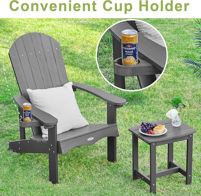Y&M Adirondack Chair, Dark Grey Fire Pit Chairs, Outdoor Patio Chairs with Cup Holder, Weather Resistant HDPE Wooden Textured Patio Chairs, Perfect for Garden, Lawn, Deck, or Poolside