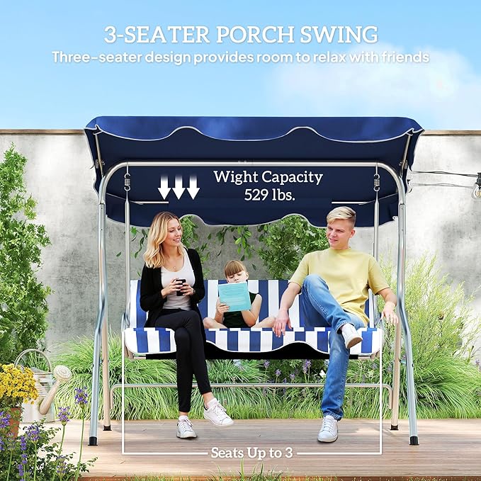 Outsunny 3-Person Porch Swing with Canopy, Patio Swing Chair, Outdoor Canopy Swing Bench with Adjustable Shade - Photo 3