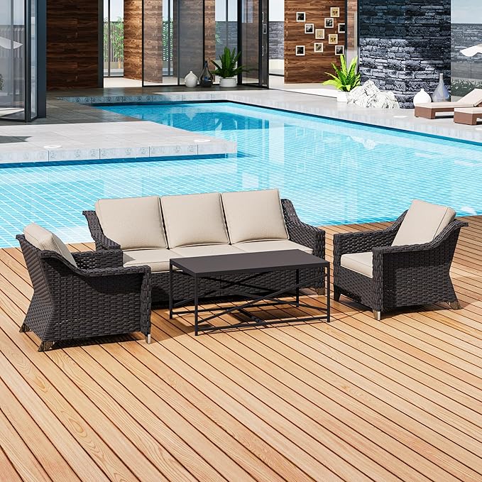 4 Pieces Outdoor Conversation Furniture Set - 77" Patio Sofa, 2 Wicker Armchairs, 1 Metal Coffee Table - Photo 5