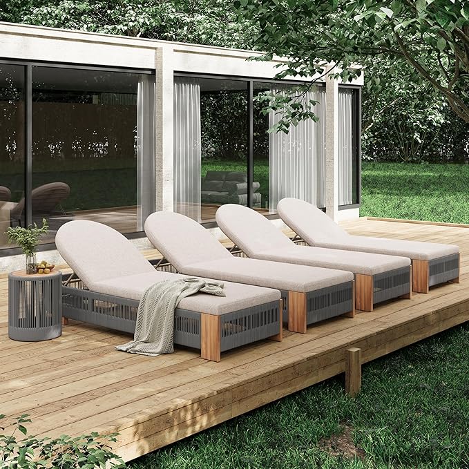 Outdoor Chaise Lounge Set, Patio Chaise Lounge Chairs with Side Table, Teak Chaise Lounge Outdoor with Adjustable Backrest, Teak Faux Wood Side Table and Beige Cushions for Outdoor Use (Grey-3pcs)