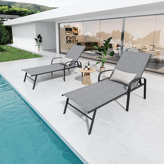 Outdoor Chaise Lounge Chair Set of 2 Adjustable Pool Lounge Chairs with Lumbar Pillow Outside Tanning Chairs for Beach Deck Backyard Lawn
